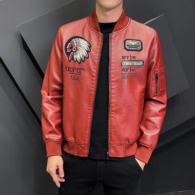 Leder Herren Stickerei Motorrad Herbst und Winter Trendige Marke Herren Indian Head Portrait Casual Slim Fitting PU Lederjacke Herrenjacke