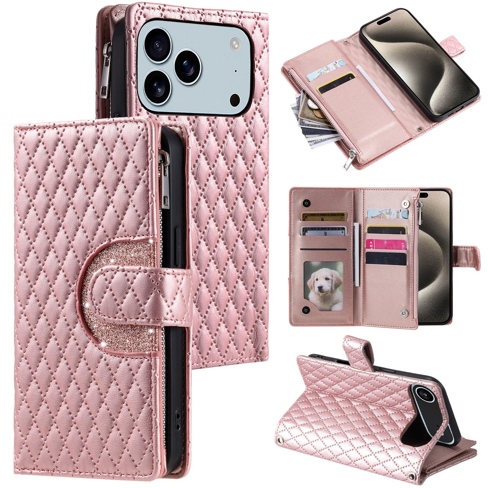 

For iPhone 17 Pro Max Case Zipper Pocket Glitter Leather Phone Cover with Wrist Strap Rose Gold