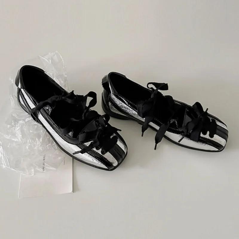 New Style Color Block Women Flats 2025 Mary Jane Square Toe Bow Sweet Women Shoes Casual Comfy Daily Dress Slip on Flats Shoes