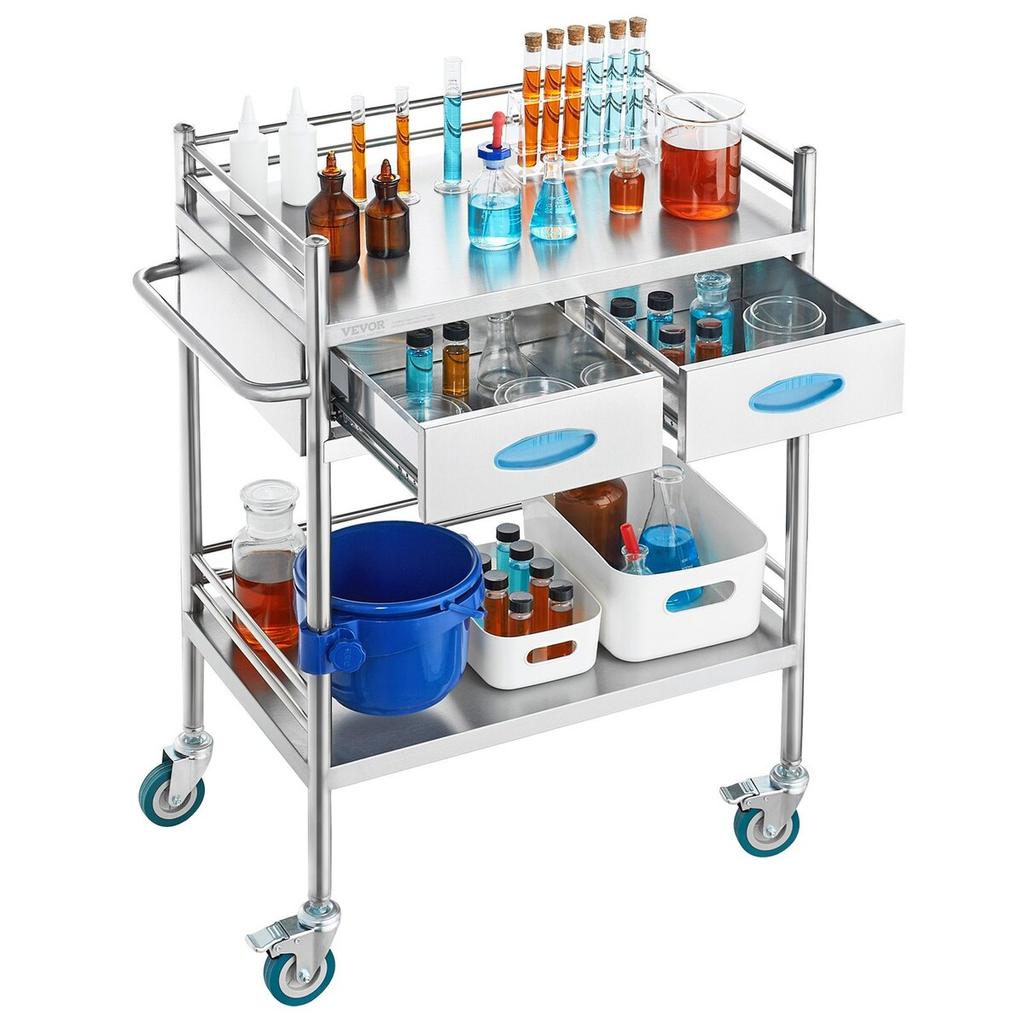 Lab Serving Cart, 2 Layers Stainless Steel Utility Rolling Cart, Medical Cart with Two Drawers, Dental Utility Cart with Lockable Wheels and A Bucket,