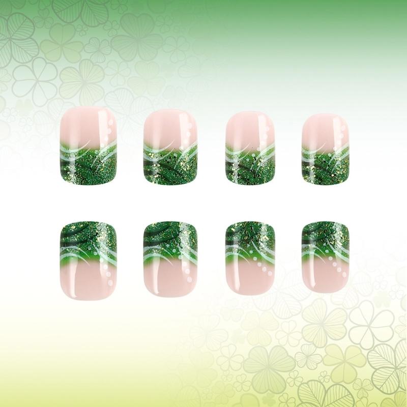 24 Pezzi Unghie Finte Corte a Pressione con French Tip Trifogli Unghie Adesive Giorno di San Patrizio Unghie Acriliche per Donna