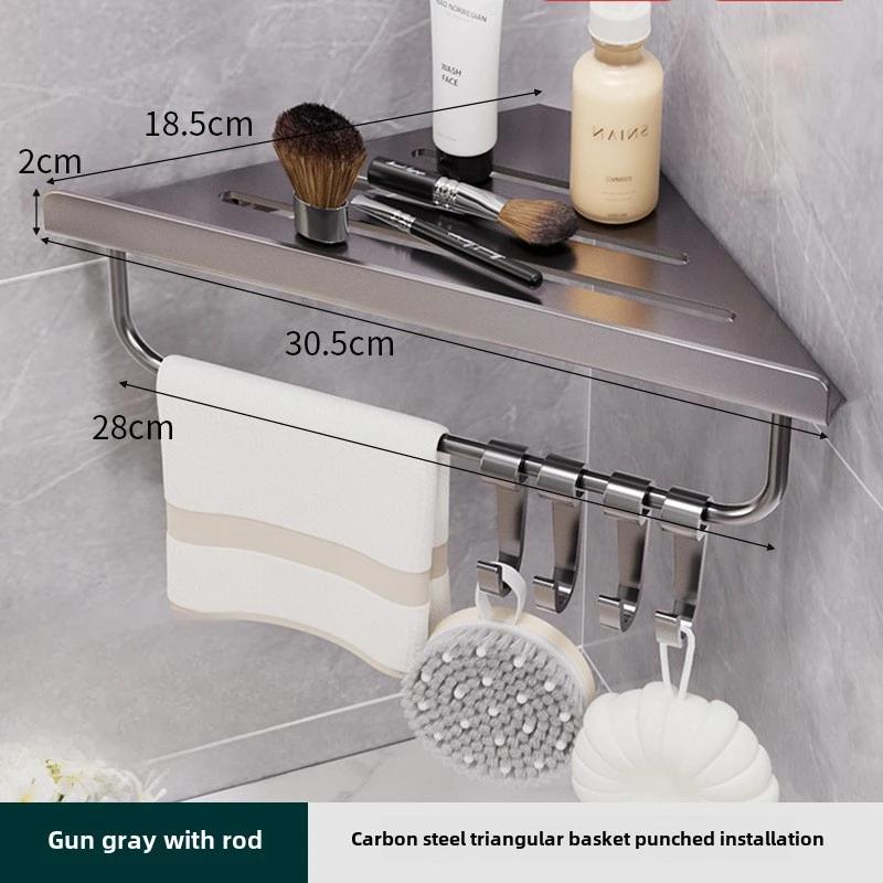 Summer Bathroom Triangle Drain Shelf, No Drilling Wall Mounted Cosmetic and Toiletries Hollow Carbon Steel Shelf with Hooks
