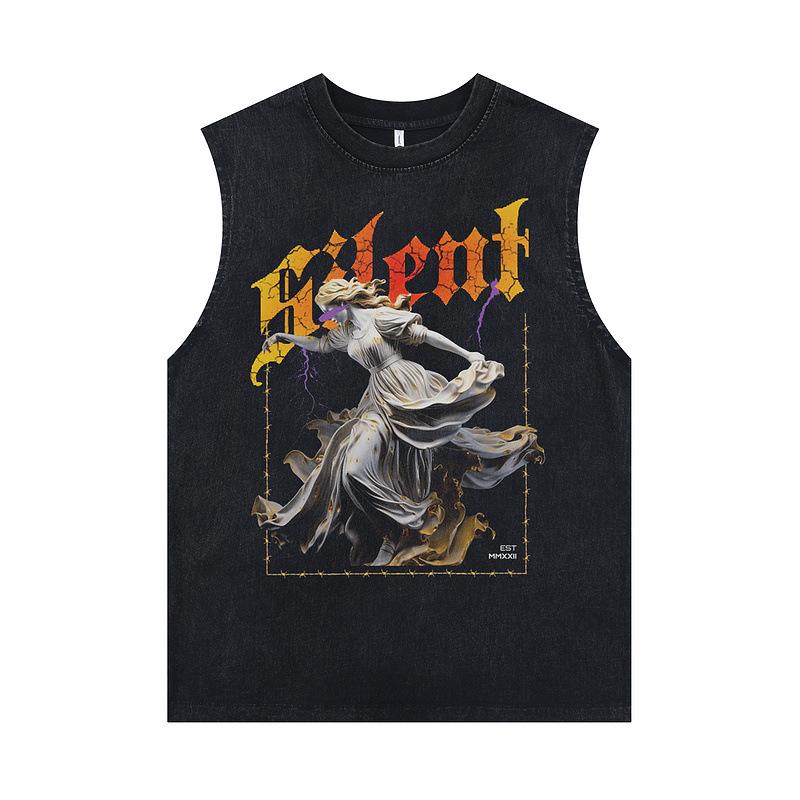 

European And American High Street Printed Vest Washed Retro Oversize Casual Sleeveless T-Shirt For Men And Women XXL