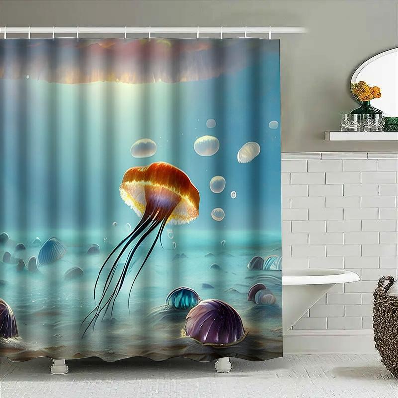 Blue Underwater World Shower Curtain with Jellyfish Design Waterproof Bath Fabric for Home Decor (Purple)