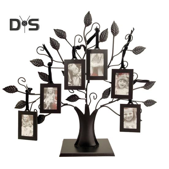 Family Tree Picture Frame Metal Tree Photo Frame Stand with 6 Ornamental 1.77" X 2.56"/2.17" X 3.15" Frames for Wall Table Decor
