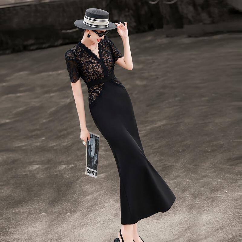 Lanser 2026 Summer Elegant V-neck Lace Sequin Dress L
