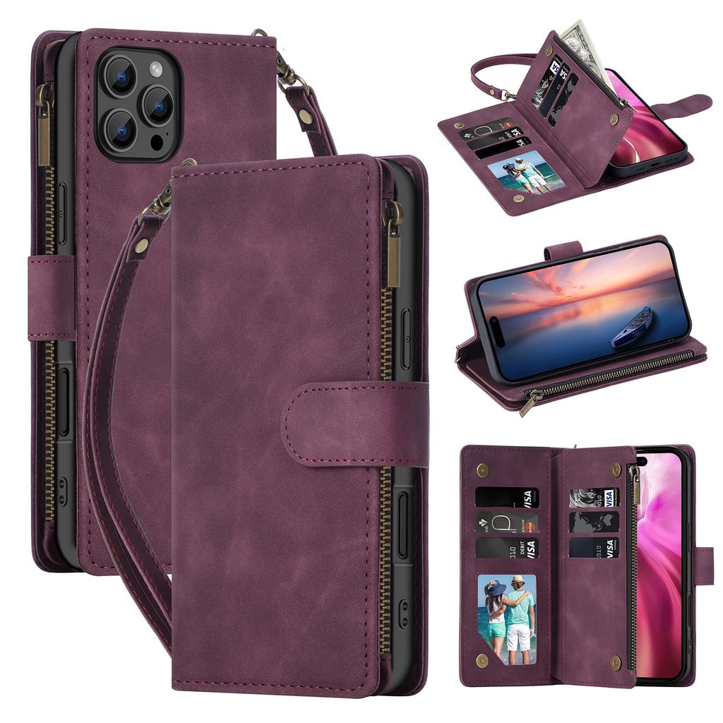 For iPhone 16 Pro Max Case Zipper Multi-Pocket Wallet Leather Phone Cover with Shoulder and Wrist Straps