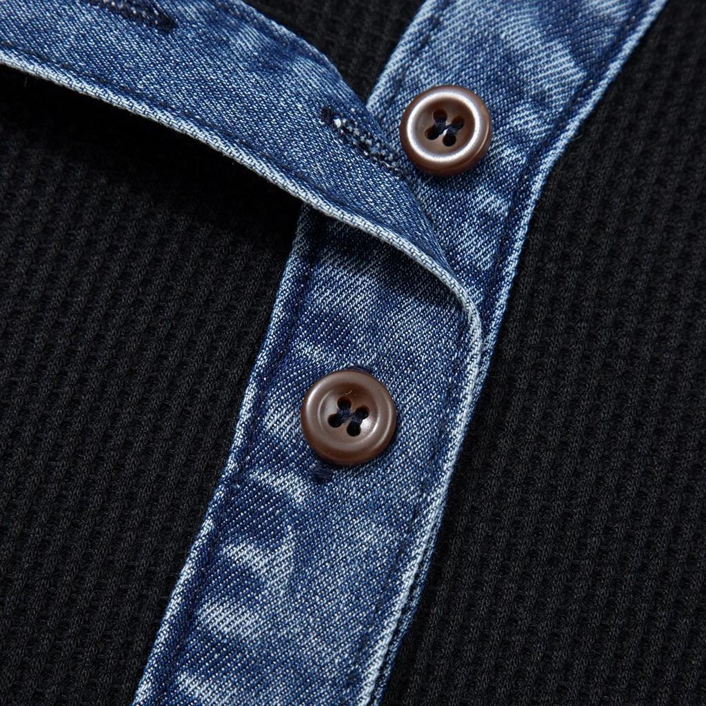 Modisches Neues Damen-Pullover-T-Shirt mit Kragen und Knöpfen, , Elegante Gewaschene Denim-Patchwork-Strickware, Zweiteiliger Look-Top