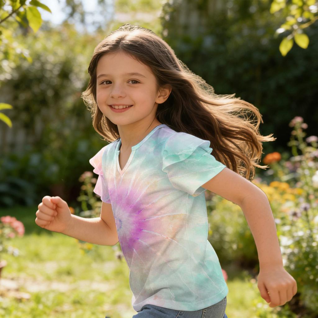 Girls V Neck Ruffle Sleeve Tie Dye Print Short Sleeve T Shirt Casual Top for Kids Summer Wear Soft Fabric Comfortable Fit