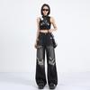 Retro High Street Ripped Jeans for Women Fashion Straight Denim Trousers Baggy Wide-leg Pants Y2k Streetwear Female Plus Size