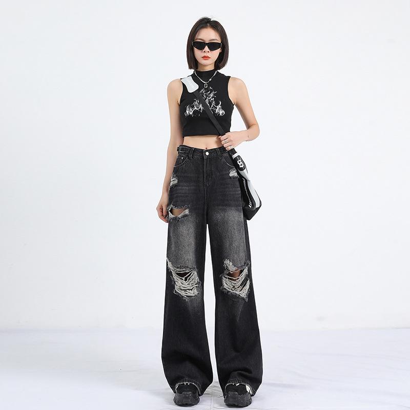 Retro High Street Ripped Jeans for Women Fashion Straight Denim Trousers Baggy Wide-leg Pants Y2k Streetwear Female Plus Size