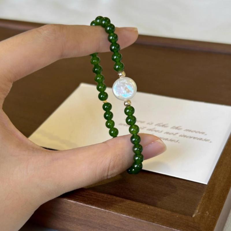 Natural Freshwater Freshwater Pearls & Green Agate Chalcedony Bracelet - Round Button Beads Chinese-Inspired Jewelry Gift