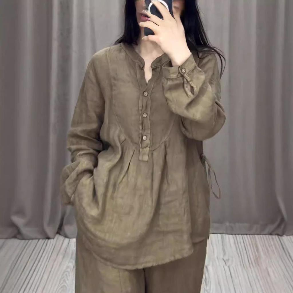 Completo casual da donna Primavera Estate Camicia a maniche lunghe + Pantaloni casual a gamba larga Set da 2 pezzi