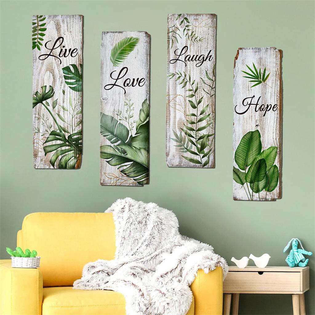 WOHAHA Wall Stickers, Stylish Plant Leaf, Green Wisteria Leaf, Nordic Wallpaper Sticker, English Text, Faux White Wood Grain, Peelable, Stylish Wall