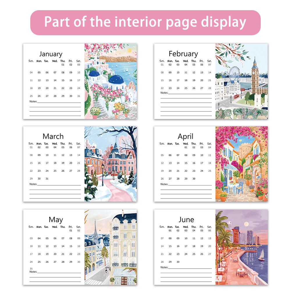 1pc, 2026 Hand-Painted Travel Desk Calendar, Landscape Series, 12Designs, Desk Calendar (Suitable As) Birthday, Christmas, Gifts