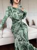 2025 Summer European & American U-Neck Long Sleeve Patchwork Slim Fit Printed Women's Dress
