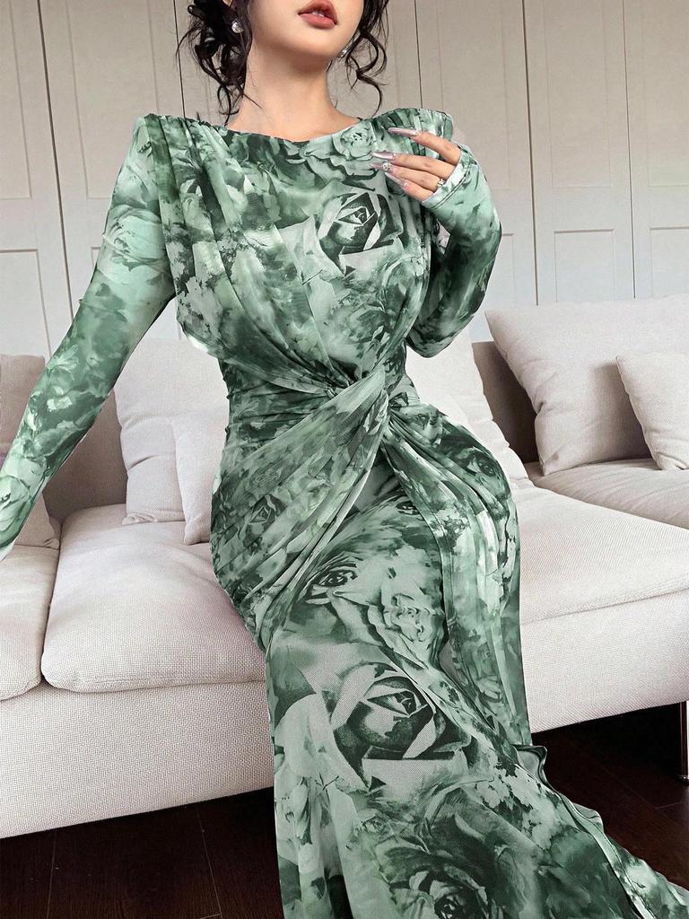 2025 Summer European & American U-Neck Long Sleeve Patchwork Slim Fit Printed Women's Dress