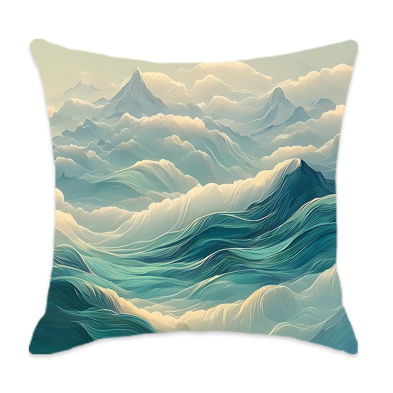 New Cyan Chinese Mountain Series Pillow, Comfortable and Soft Car Home Bedroom Bedside Pillow Cushion