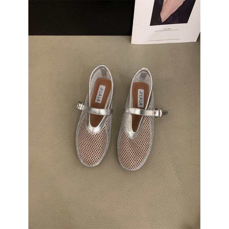 Fishnet Shoes Ballet Shoes Women's 2025 New Mesh One-word Buckle Outer Wear Flat Bottom Hollow Retro Mary Jane Single Shoes