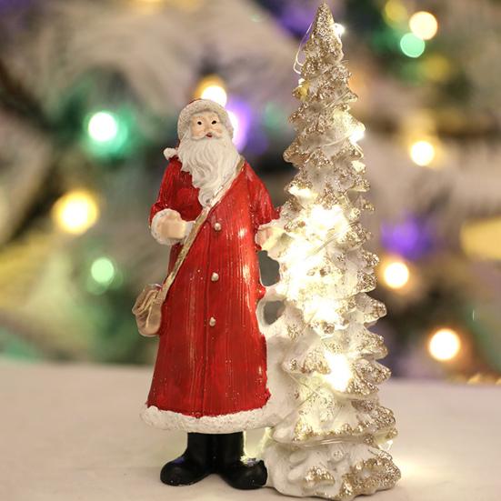 LED Light Up Christmas Tree with Santa Resin Standing Santa Claus Figure with Lighted Tree Figurine for Indoor Tabletop Holiday Decoration