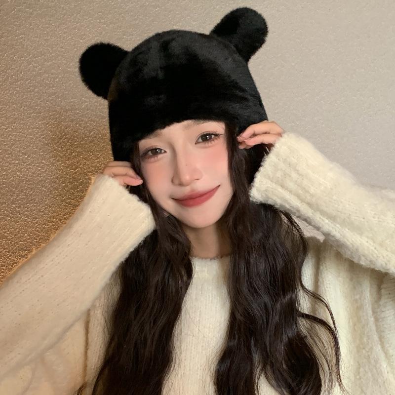 Korean Version of Autumn and Winter New Hat for Women Imitation Mink Bear Ears Fisherman Hat Solid Color Versatile Winter Plush Hat