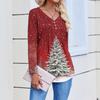 Women's Fashion Casual Christmas Tree Print V-Neck Decorative Button Long Sleeve T-Shirt Top