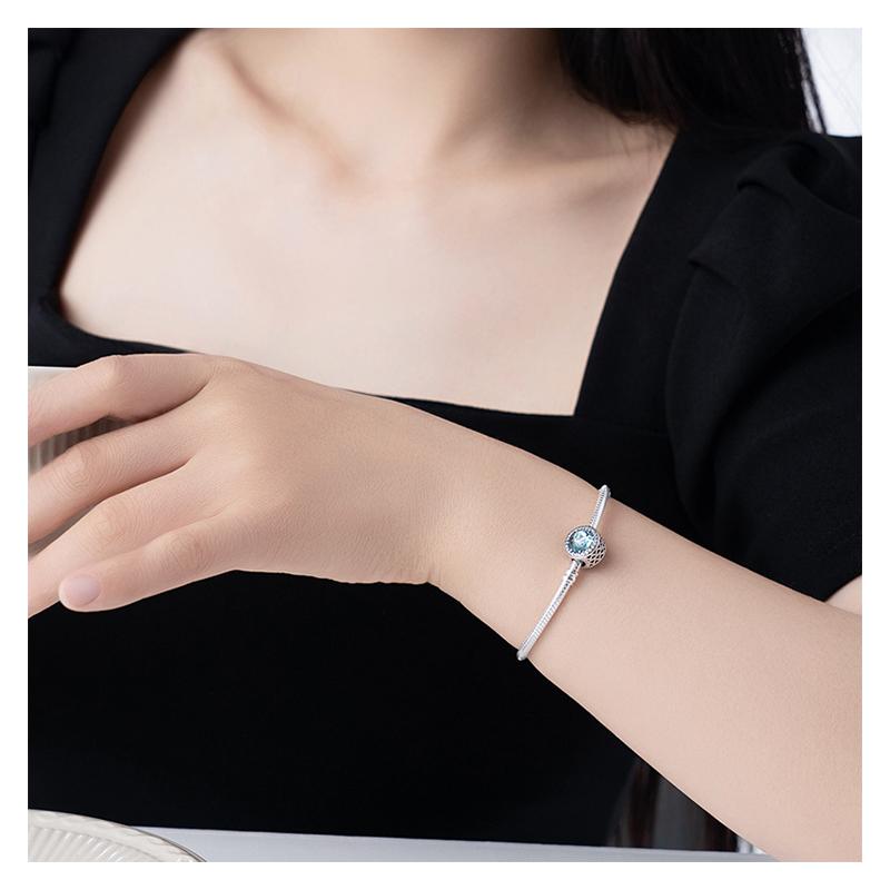 Pandora Glacier Blue Shining Heart SILVER Snake Chain 925 Silver Bracelet Set Women's Silver ZT-0350
