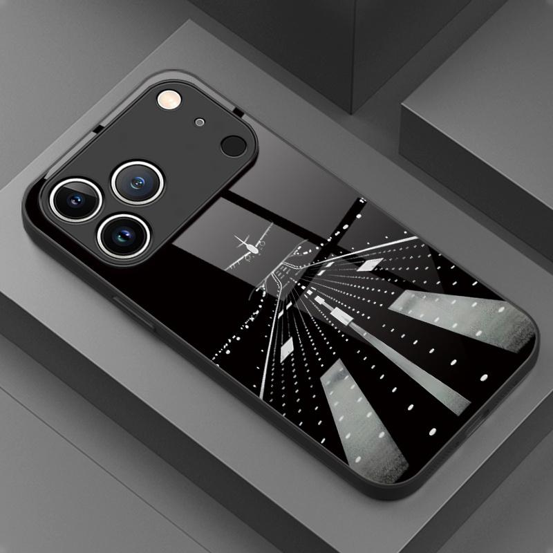 Black and White Night Scene Runway Airplane Pattern HD Glass Phone Case for iPhone 17 16 15 14 13Pro 12 11 11Pro Stylish Case