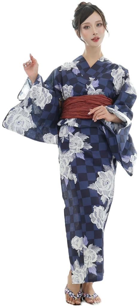 Yukata checkered beautiful Japanese heiko thong geta one size fits most [RAVIR] Women's 3-piece set, pattern, peonies, noble, clothing, fluffy, obi,