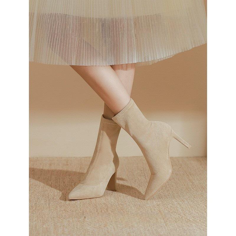 Pointed elastic thin boots nude thin heel medium tube year short boots women's spring single boots