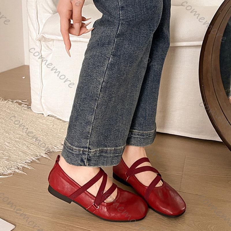 Comemore Spring Ballet Flat Shoes Women Soft Leather Square Toe Flat Mary Janes Shoe Casual Cross Strap Solid Flats Single Shoes