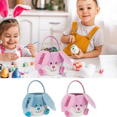 Bunny Easter Basket Soft Treat Bucket For Boys Girls Easter Basket With Handle For Toddler Plush Bunny Embroidered Basket Kids