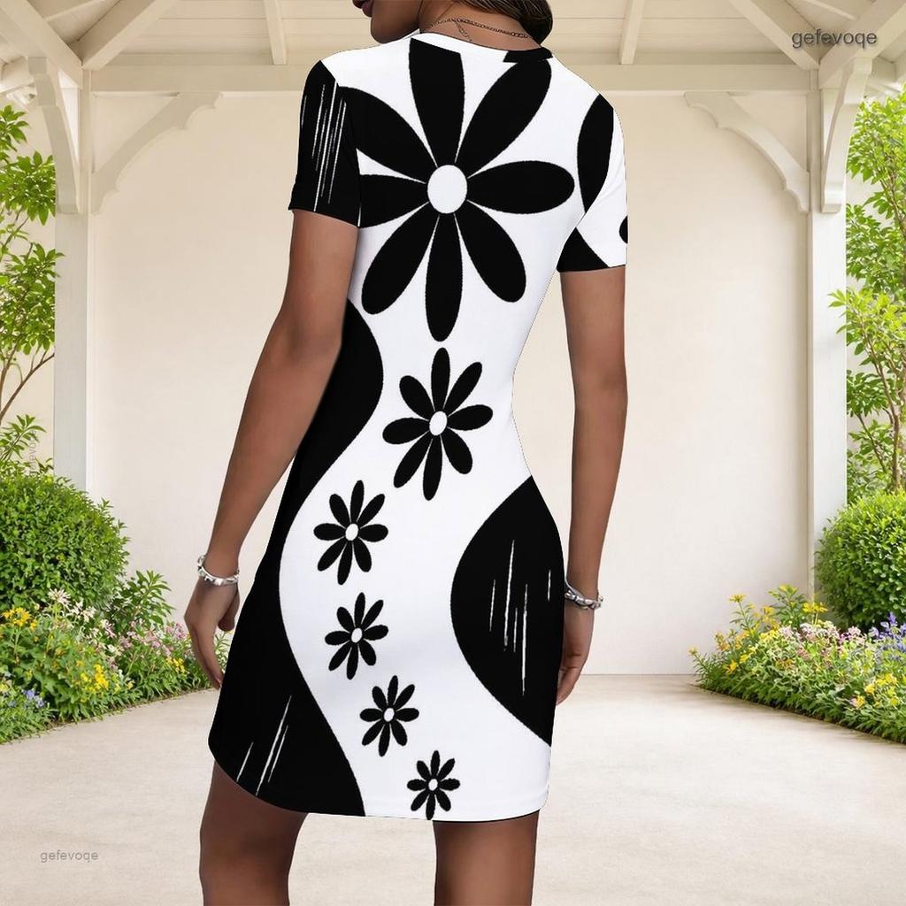 Women Plus Size Round Neck Short Sleeve Black White Printed Fitted Mini Dress