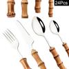 24Pcs Natural Bamboo Handle Silver Dinnerware Set Stainless Steel Cutlery Set Kitchen Knife Fork Spoons Tableware Set