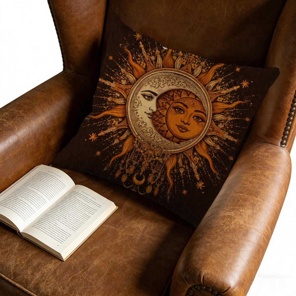 Sun And Moon Face Pillow Cover Black Golden Celestial Design For Home Decor Bedroom Living Room Window Seat