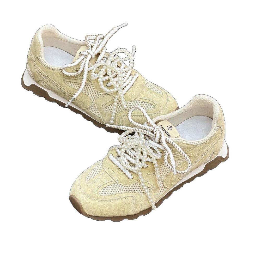 Retro Casual Shoes Mesh Leather German Training Shoes Women's 2025 Spring New Breathable Pearl Casual Fashion Forrest Gump Shoes