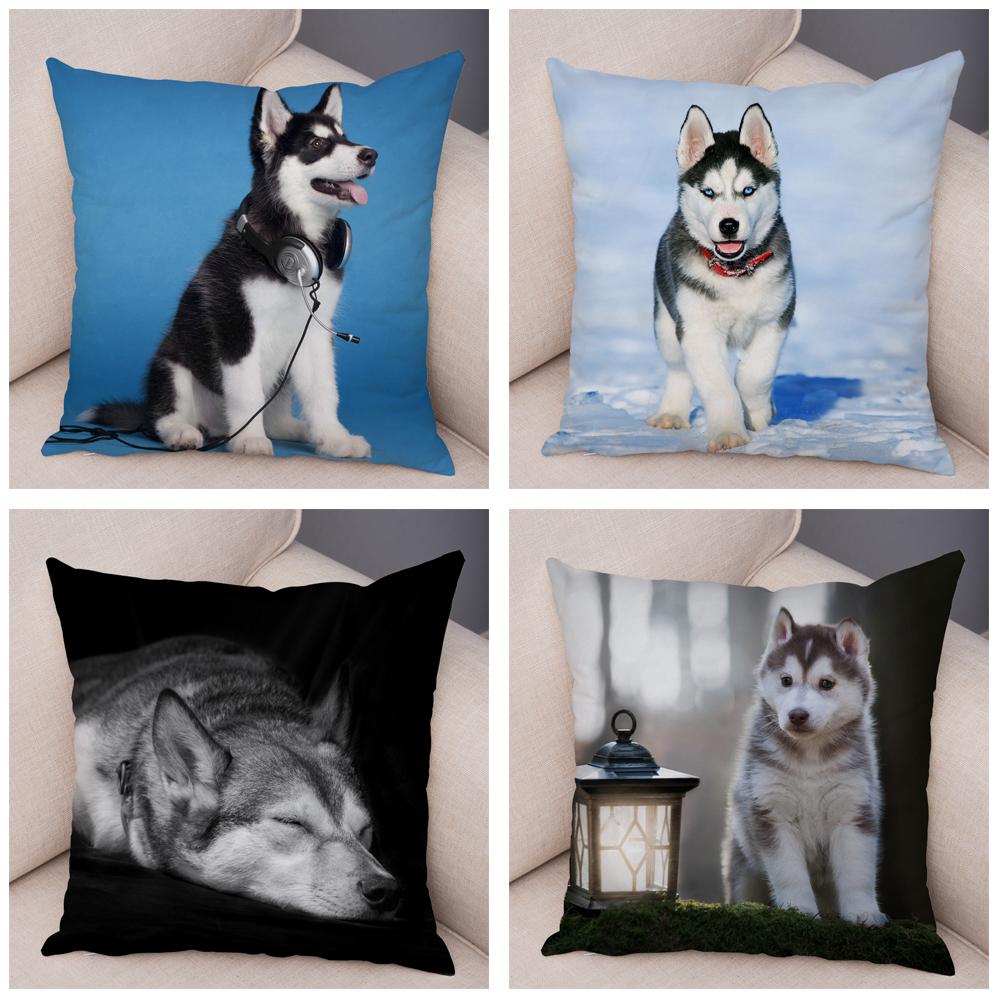 Pet Animal Sofa Cushion Cover Cute Siberian Husky Pillowcase Decorative Dog Print