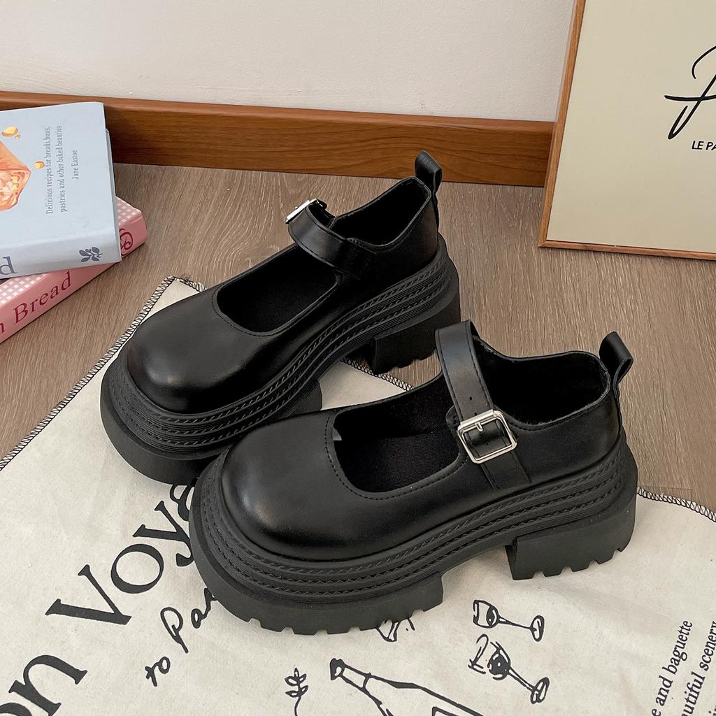 Black French British Style Platform Heightening Small Leather Shoes Women's 2025 New Summer Thick Heel Light Mouth Mary Jane Single Shoes