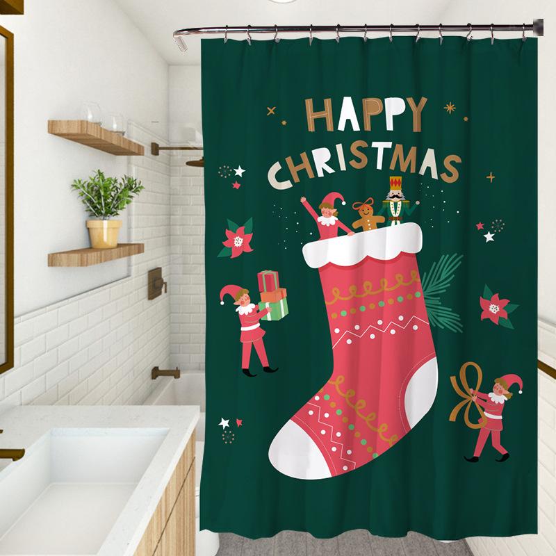 Cute Cartoon Christmas Washable Dirt-Resistant Shower Curtain Shower Head Waterproof Polyester Bath Curtain For Home Decor