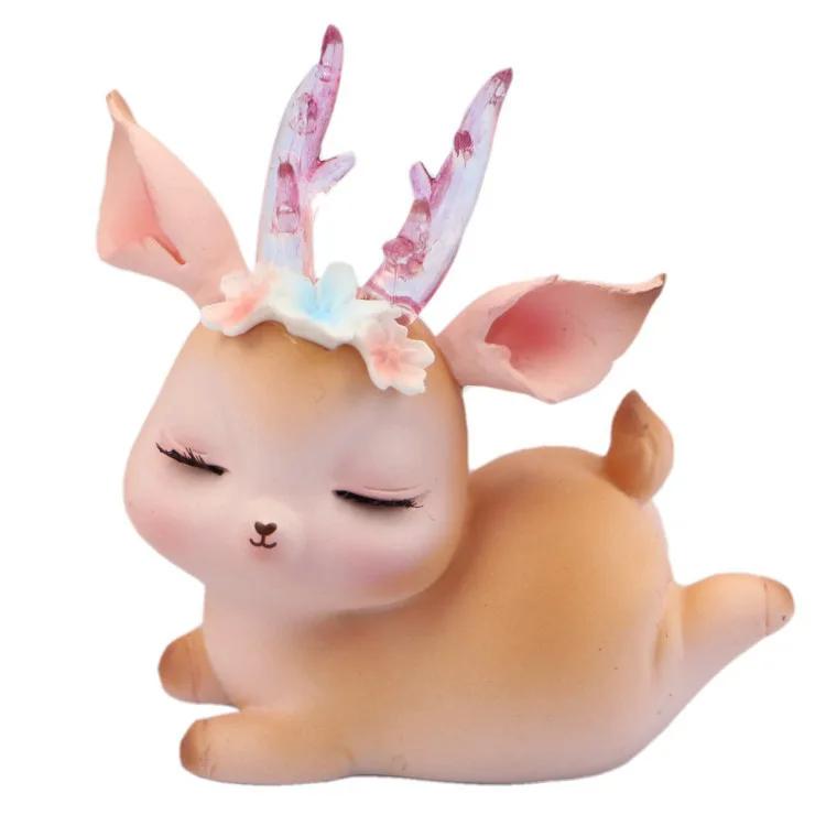 New Forest Style Pink Resin Deer Artificial Flowers Iron Acrylic Cake Toppers For Happy Birthday Party Decoration Baking Suplies