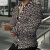 Men Collared Shirt Dark Blue Light Leaf Floral Silhouette Print Long Sleeve Button Down Top