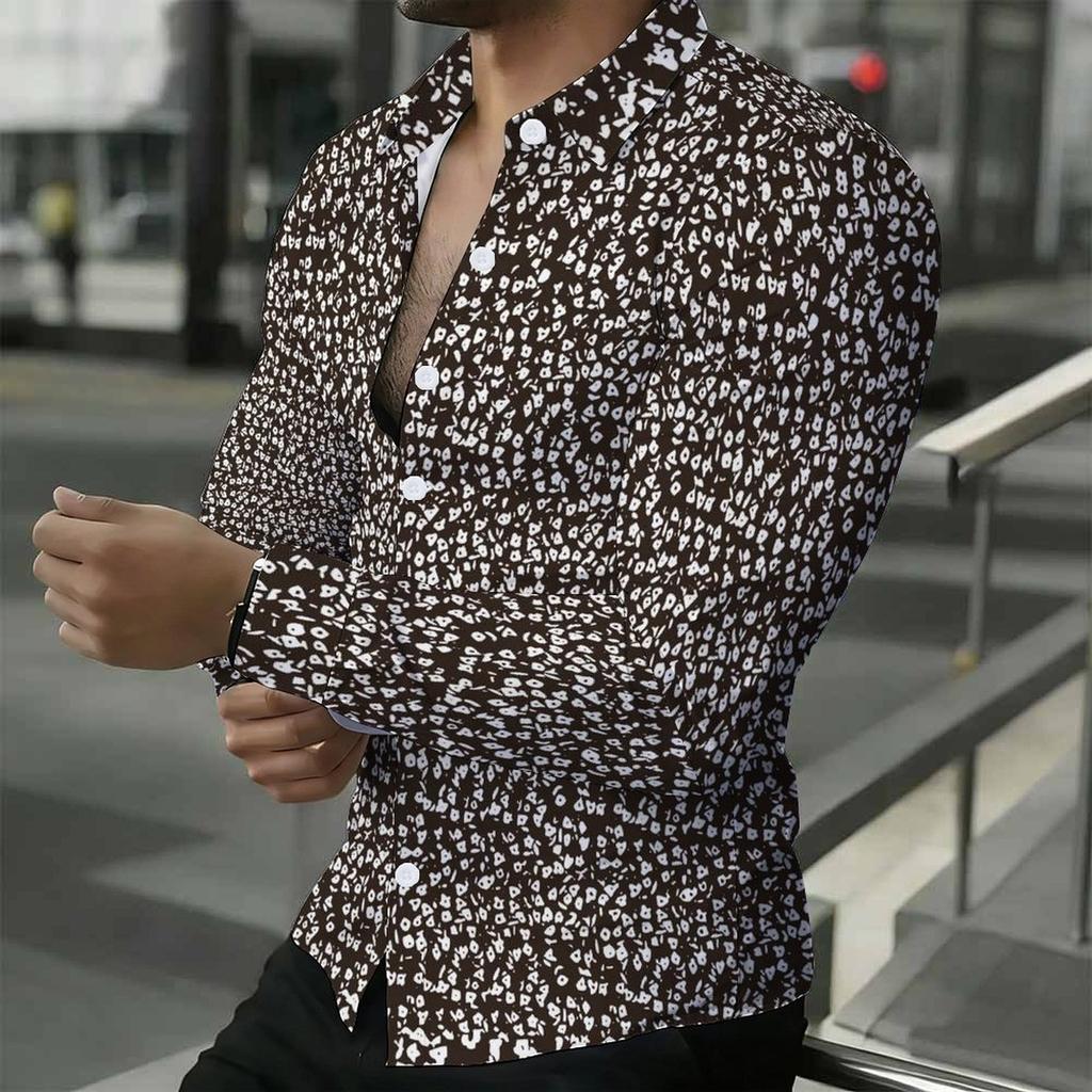 Men Collared Shirt Dark Blue Light Leaf Floral Silhouette Print Long Sleeve Button Down Top