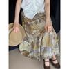 Dimanaf 2025 Summer Women Linen New Skirts Flower Vintage Elastic Pleated Elegant Skirts High Waist