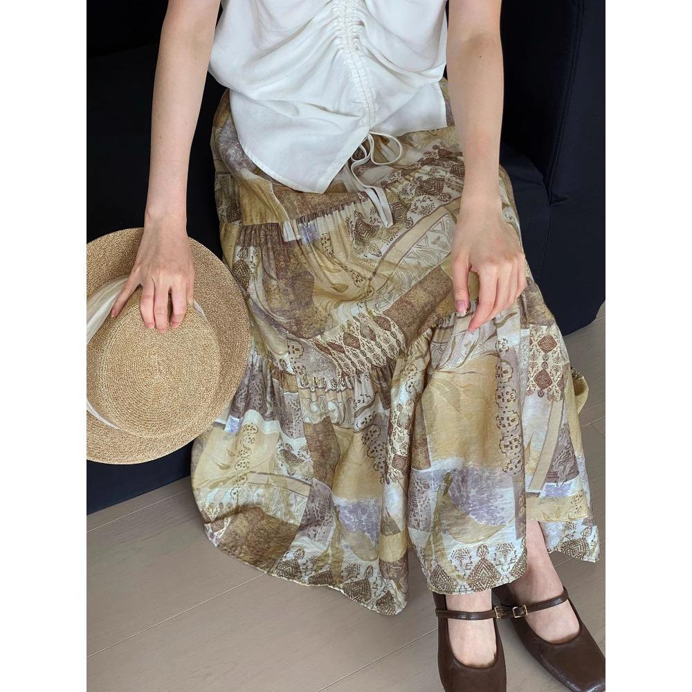 Dimanaf 2025 Summer Women Linen New Skirts Flower Vintage Elastic Pleated Elegant Skirts High Waist