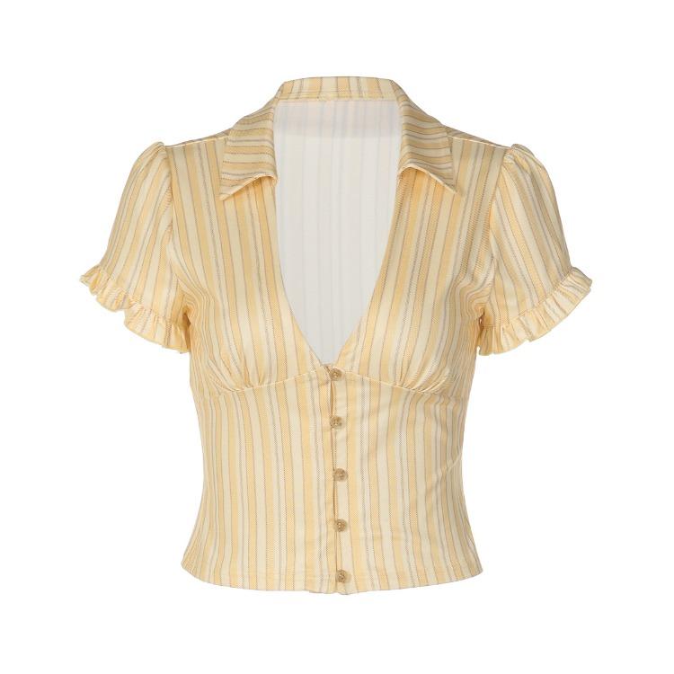 Vintage T-shirt Women's Fashionable Unique Street-style Sexy Cardigan with Buttons and Short Sleeves
