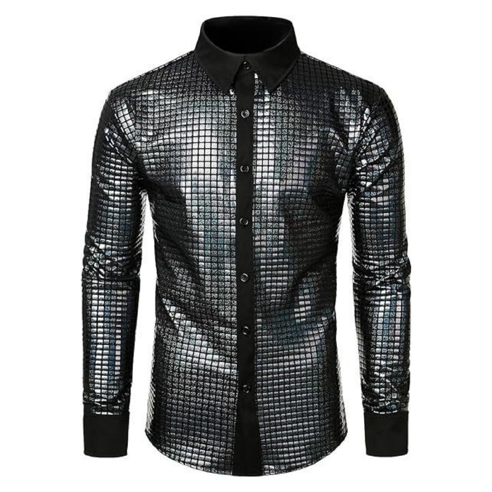 Men s Casual And Fashionable Lapel Gold-embossed Sequined Top, Men s Lapel Long-sleeved Button-down Shirt L