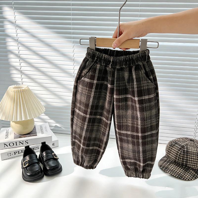 Мальчиковые утепленные клетчатые джоггеры на флисе, Зима 2025, Красивый корейский стиль 130cm