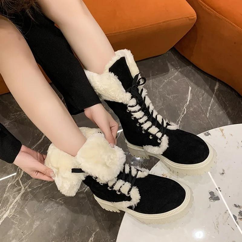 Women's Shoes on Sale Fashion Sleeve Women's Boots Winter Round Toe Plush Fleece for Warmth Middle Barrel Low Heels Snow Boots