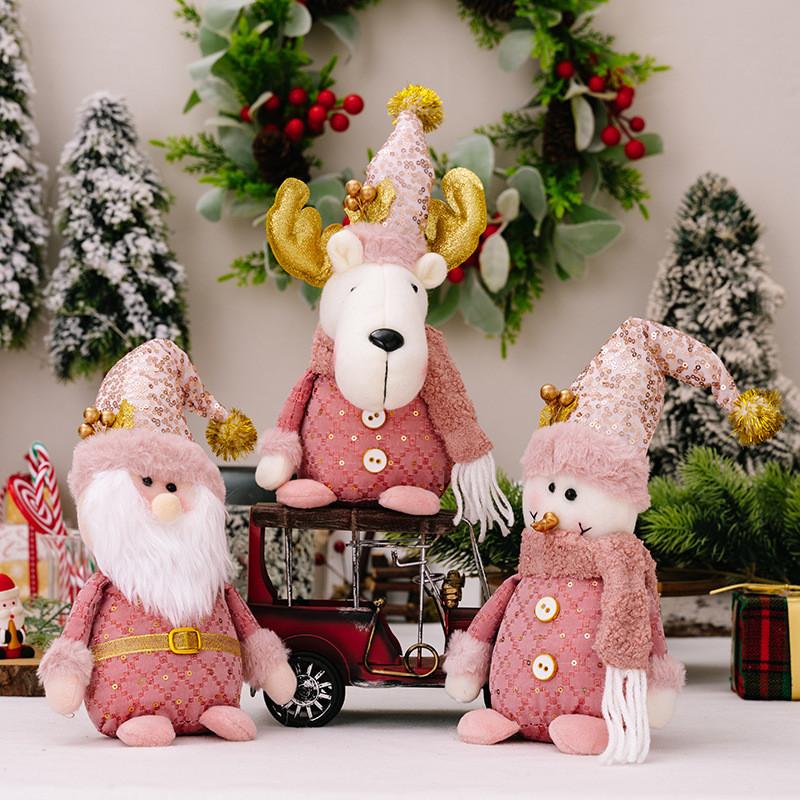 Adorable Pink Christmas Decoration Plush Sitting Gnome Snowman Reindeer Figurines For Festive Holiday Display