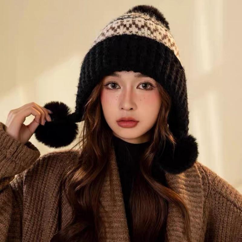 Bonnet Tricoté Rétro Style Îles Féroé pour Femmes Chapeau Chaud Automne Hiver Polyvalent Mignon Chapeau Oreilles Protection Pompon